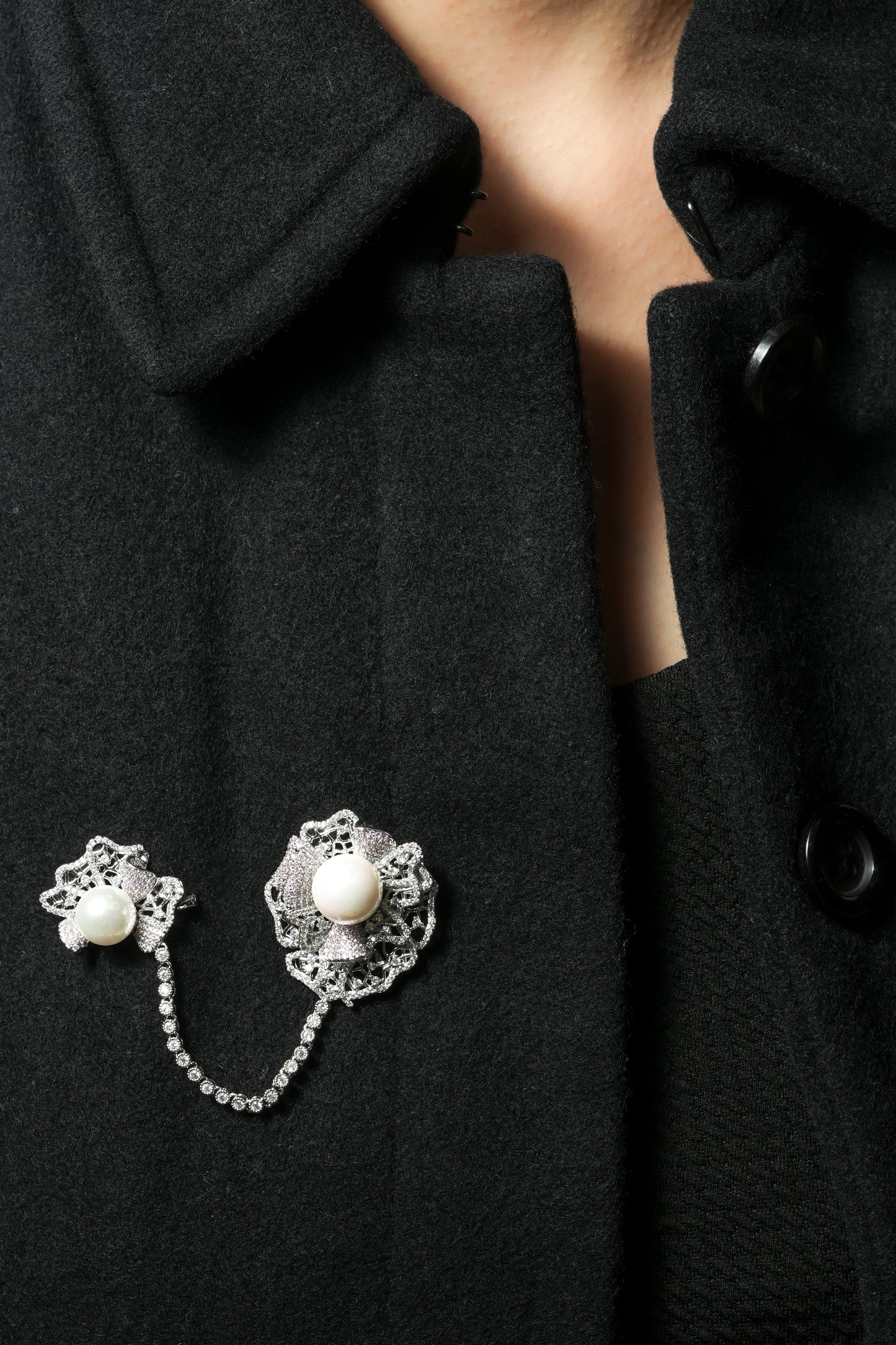 Bridal Blossom Dual Brooch Set with Chain – Silver-Tone Floral Brooch Pair with Pave CZ Detailing & Pearl Centerpiece | Elegant Bridal & Festive Jewellery Accessory