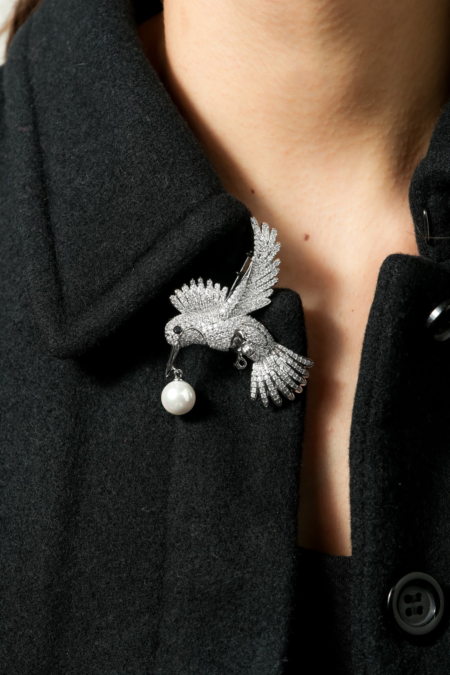 Silver Hummingbird Pearl Brooch
