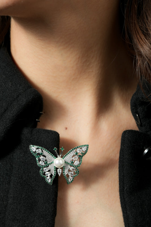 Emerald Pave Butterfly Brooch | Silver Tone Butterfly Pin with Green CZ Outline, Marquise CZ Wings and Pearl Center | Elegant Festive and Bridal Statement Brooch