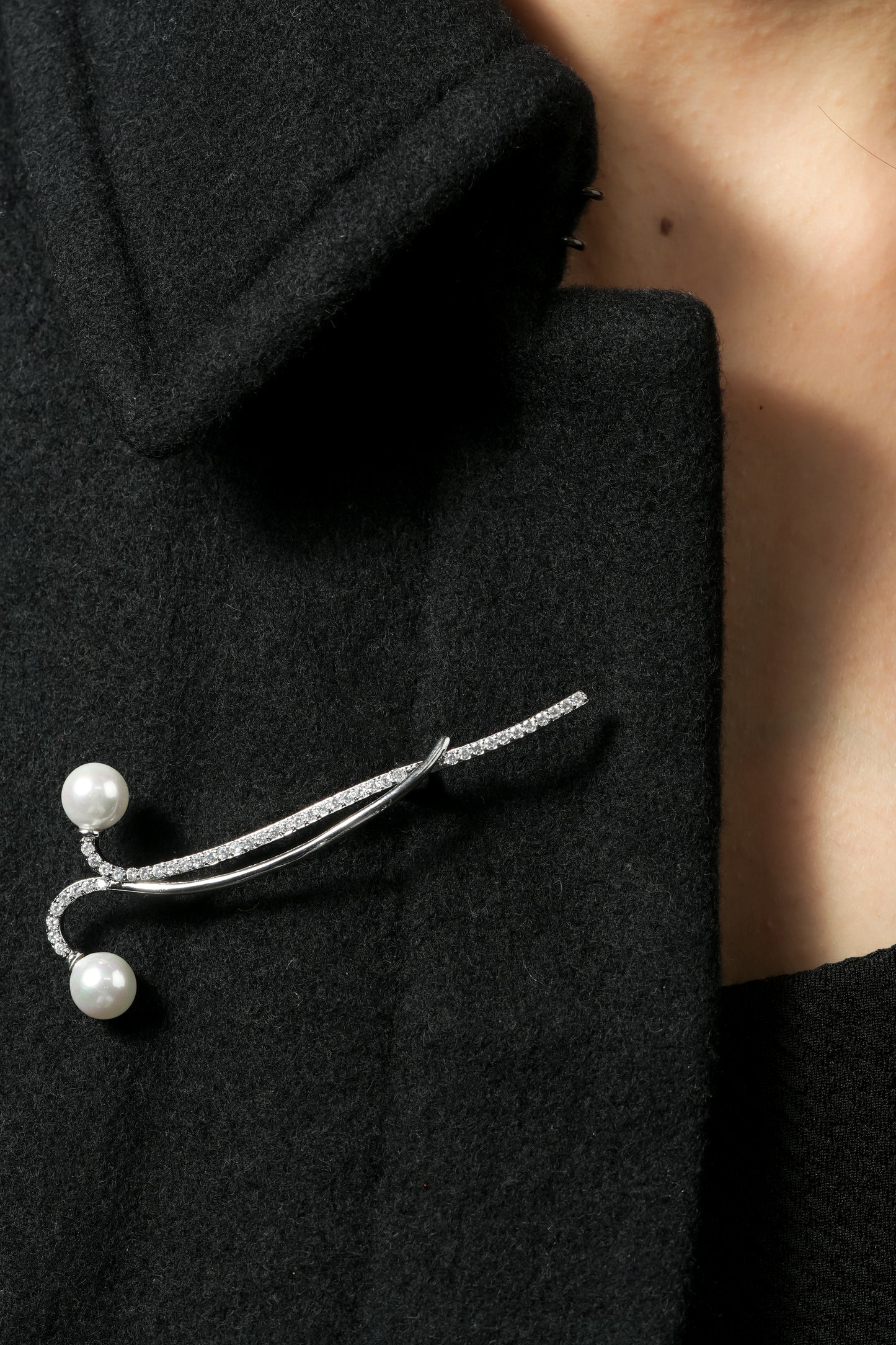 Modern Double Pearl Pave Bar brooch