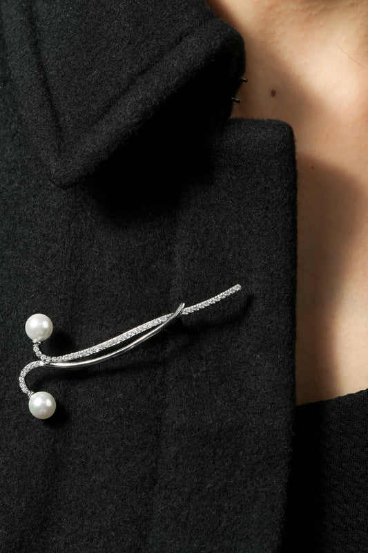 Modern Double Pearl Pave Bar Pin | Silver Tone Minimalist Brooch with Curved Abstract Design, CZ Pave Lines and Dual Pearl Accents | Elegant Contemporary Statement Pin