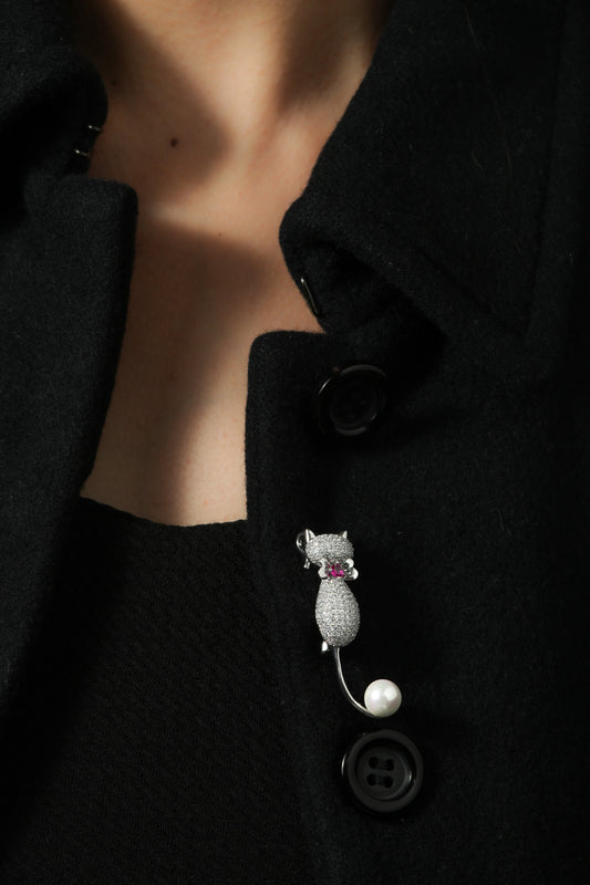 Pave Cat with Pearl Tail Brooch | Silver Tone CZ Pave Cat Pin with Pink Stone Bow and Dangling Pearl Accent | Cute Elegant Brooch for Sarees, Shawls and Formal Wear