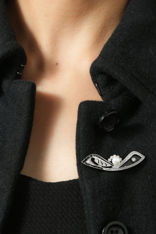 Art Deco Pave and Enamel Bar Pin | Silver Tone Geometric Brooch with Black Enamel, Baguette CZ Stones and Pearl Accent | Elegant Vintage Inspired Statement Pin