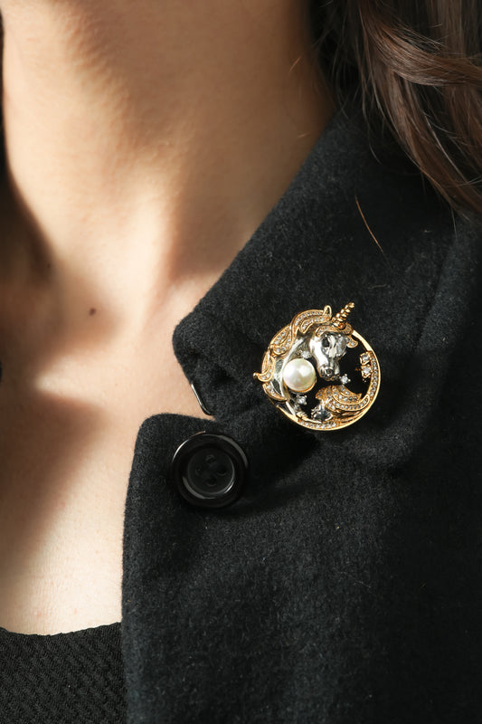 Mystic Unicorn Pearl Brooch | Two-Tone Fantasy Brooch with Gold & Silver Accents, CZ Pave Detailing & Central Imitation Pearl | Elegant Statement Pin