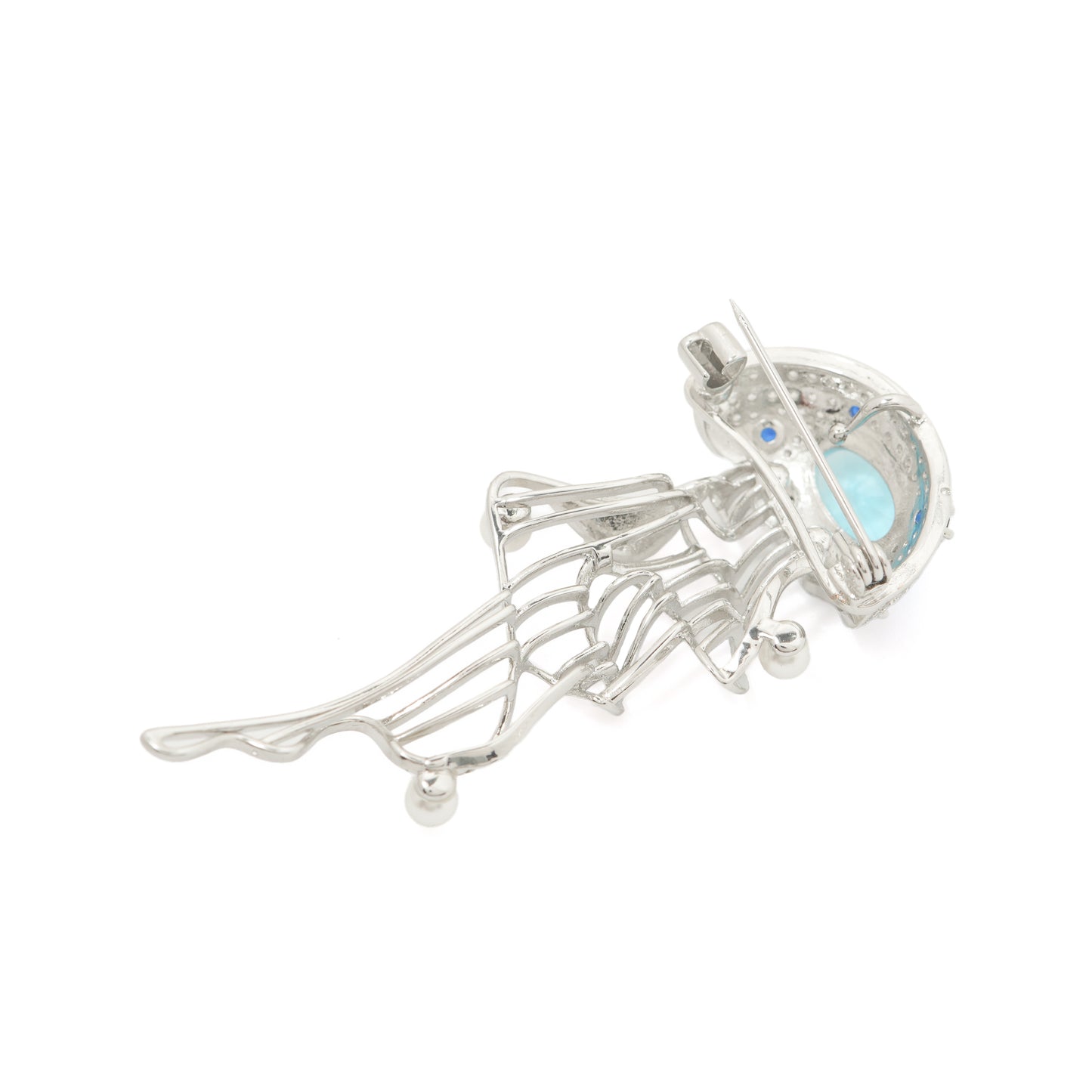 Aquatic Art Pave Brooch | Silver Tone Jellyfish Inspired Brooch with Aquamarine Coloured Center Stone, Blue CZ Accents, Flowing Metal Lines and Pearl Details | Unique Artistic Statement Pin