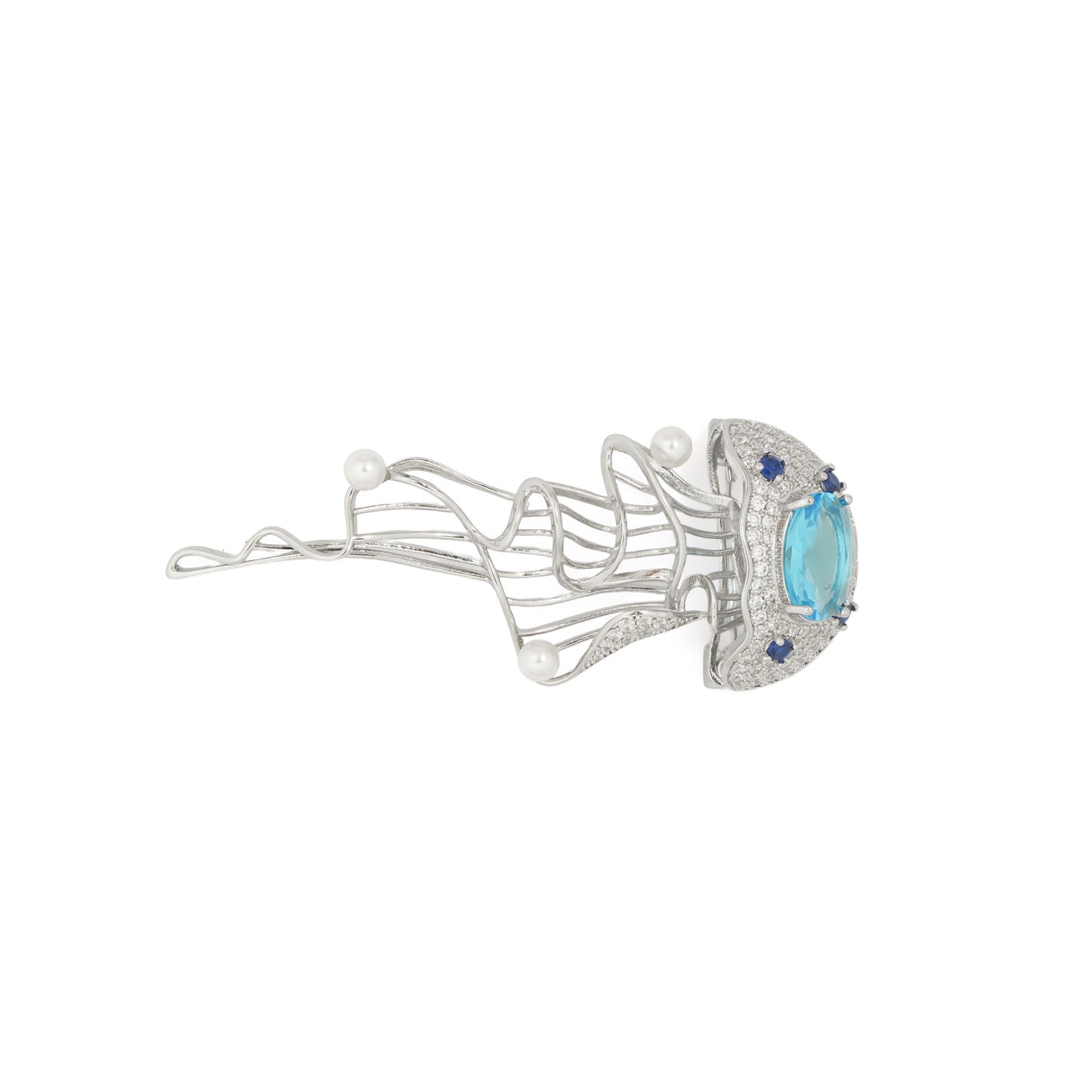 Aquatic Art Pave Brooch | Silver Tone Jellyfish Inspired Brooch with Aquamarine Coloured Center Stone, Blue CZ Accents, Flowing Metal Lines and Pearl Details | Unique Artistic Statement Pin