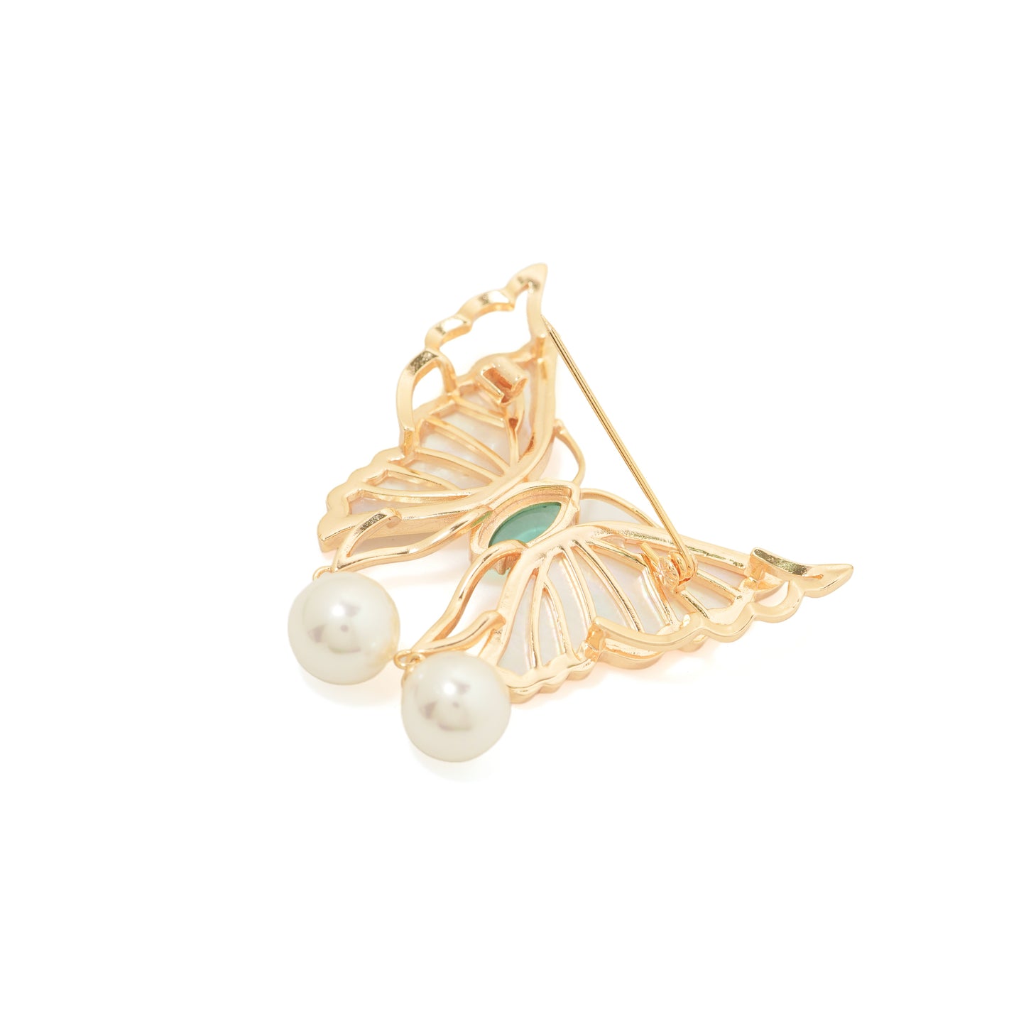 Mother-of-Pearl Butterfly Dangler Brooch | Gold-Tone Enamel Wing Brooch with Green Oval Stone Body & Dual Pearl Danglers | Elegant Saree & Shawl Pin