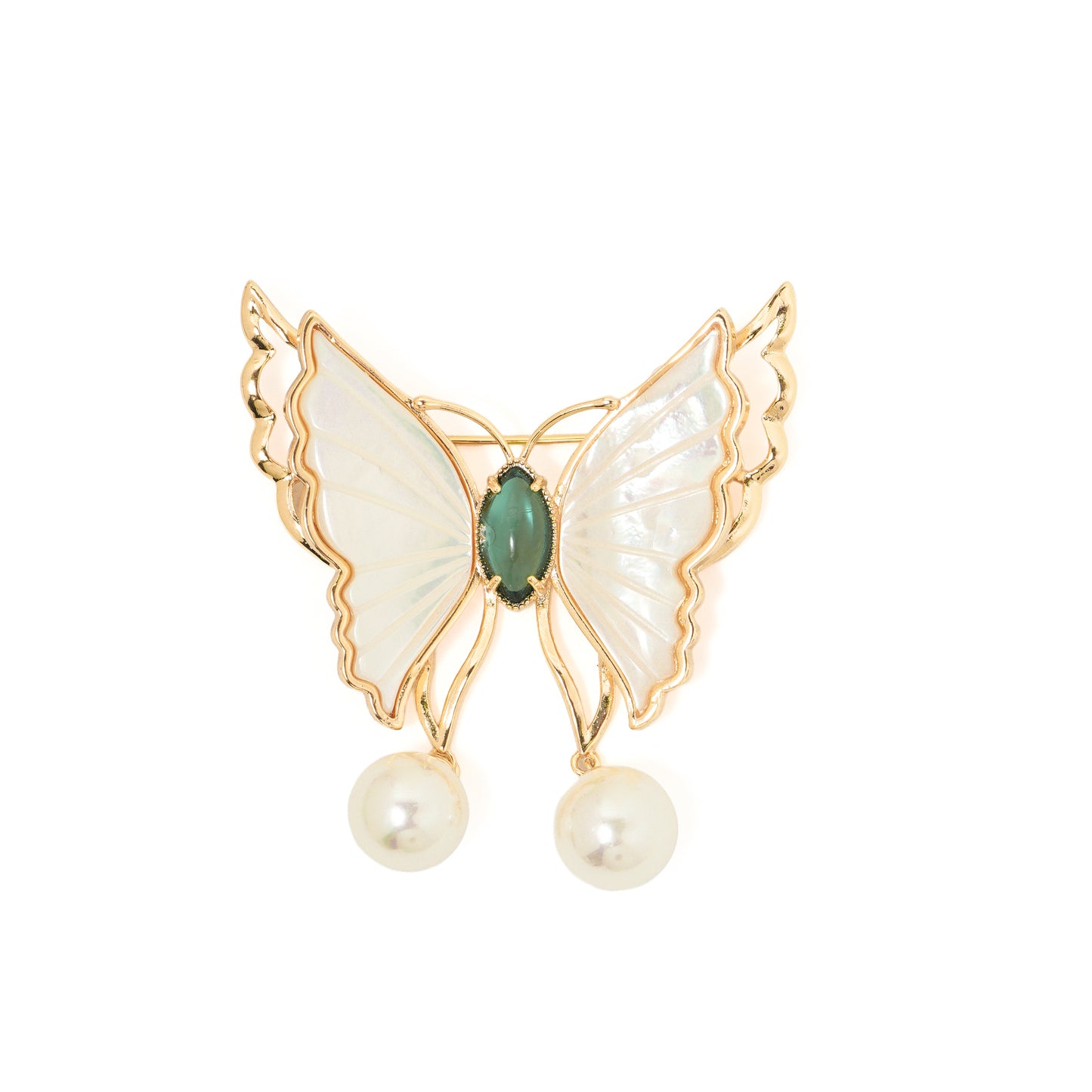 Mother-of-Pearl Butterfly Dangler Brooch | Gold-Tone Enamel Wing Brooch with Green Oval Stone Body & Dual Pearl Danglers | Elegant Saree & Shawl Pin