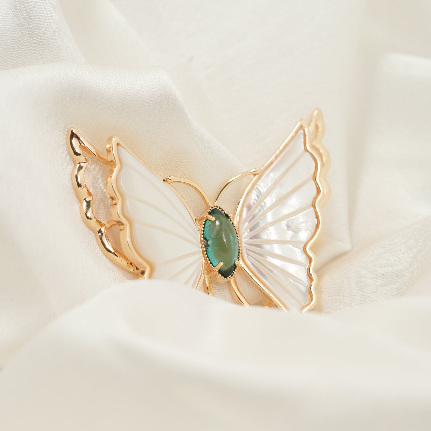 Mother-of-Pearl Butterfly Dangler Brooch | Gold-Tone Enamel Wing Brooch with Green Oval Stone Body & Dual Pearl Danglers | Elegant Saree & Shawl Pin