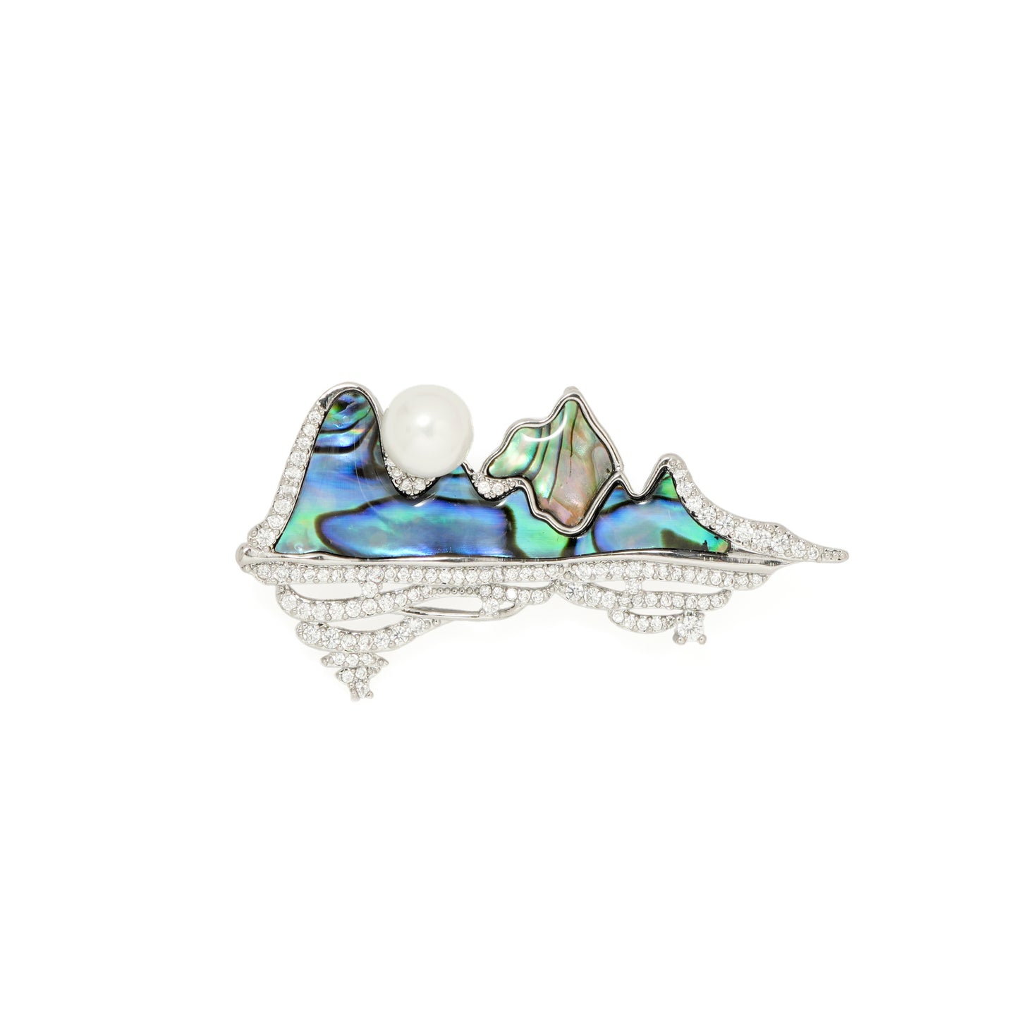 Abstract Abalone Mountain Brooch | Silver Tone Landscape Brooch with Iridescent Abalone Inlay, Pave CZ Waves and Pearl Accent | Artistic Statement Pin for Sarees and Formal Wear