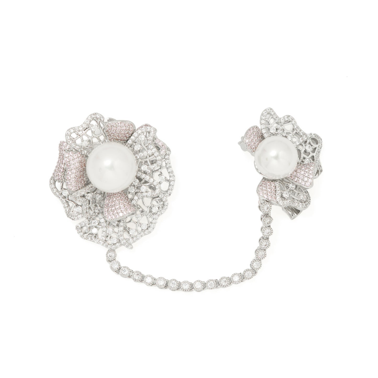 Bridal Blossom Dual Brooch Set with Chain – Silver-Tone Floral Brooch Pair with Pave CZ Detailing & Pearl Centerpiece | Elegant Bridal & Festive Jewellery Accessory
