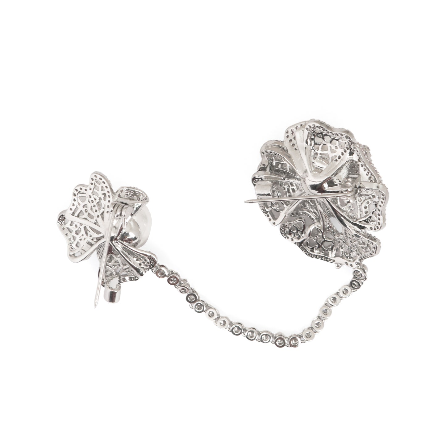 Bridal Blossom Dual Brooch Set with Chain – Silver-Tone Floral Brooch Pair with Pave CZ Detailing & Pearl Centerpiece | Elegant Bridal & Festive Jewellery Accessory