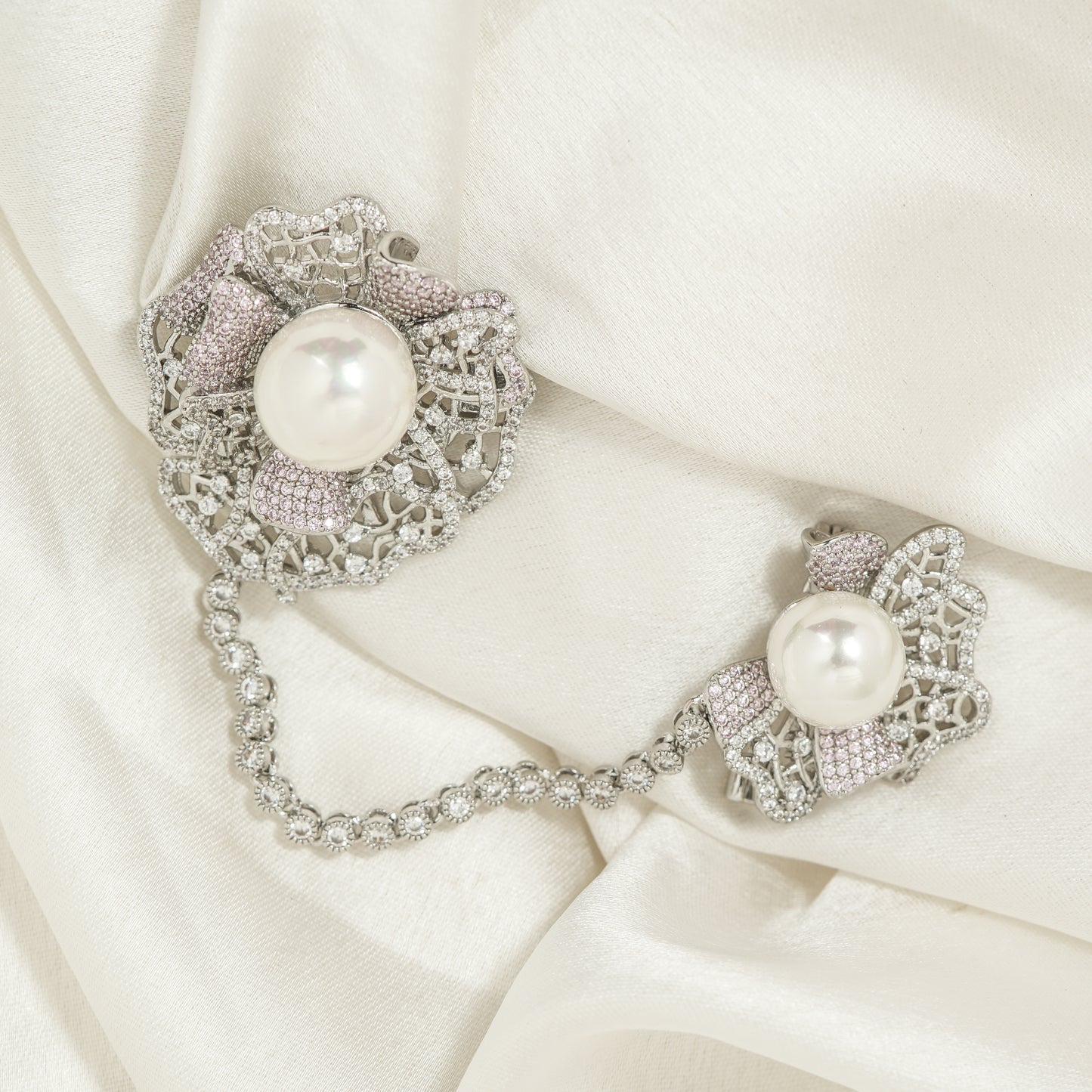 Bridal Blossom Dual Brooch Set with Chain – Silver-Tone Floral Brooch Pair with Pave CZ Detailing & Pearl Centerpiece | Elegant Bridal & Festive Jewellery Accessory
