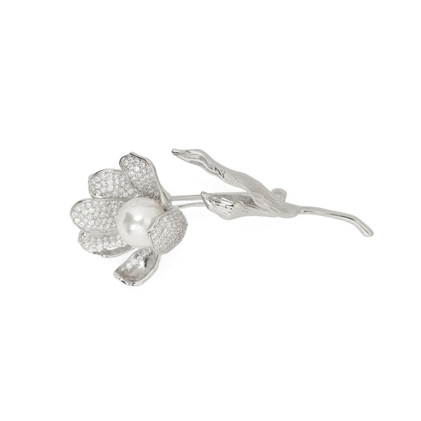 Pave Magnolia Stem Brooch | Silver Tone Floral Brooch with CZ Pave Petals, Textured Leaves and Pearl Center | Elegant Bridal and Festive Statement Pin
