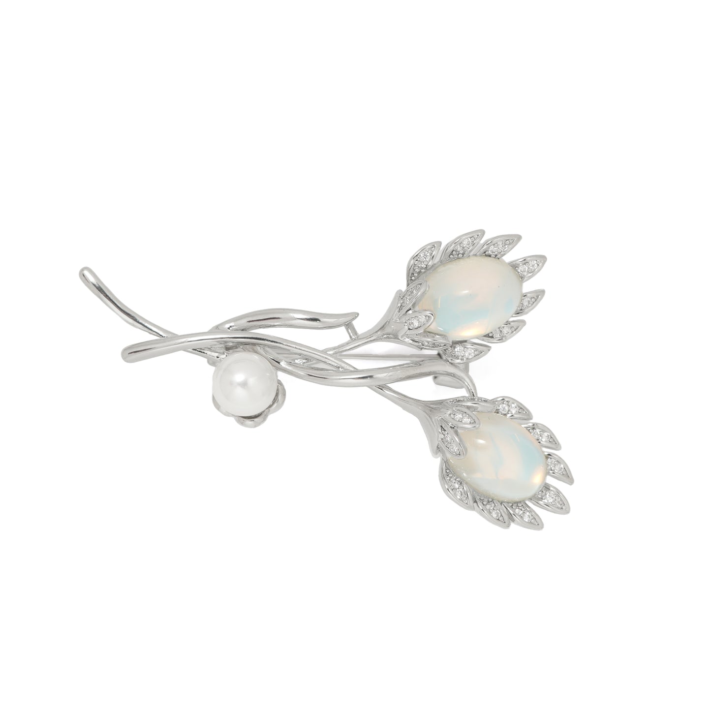 Opal Bud Floral Brooch | Silver Tone Brooch with Iridescent Opalite Buds, Pave CZ Petal Accents and Pearl Detail | Elegant Botanical Statement Pin for Sarees and Formal Wear