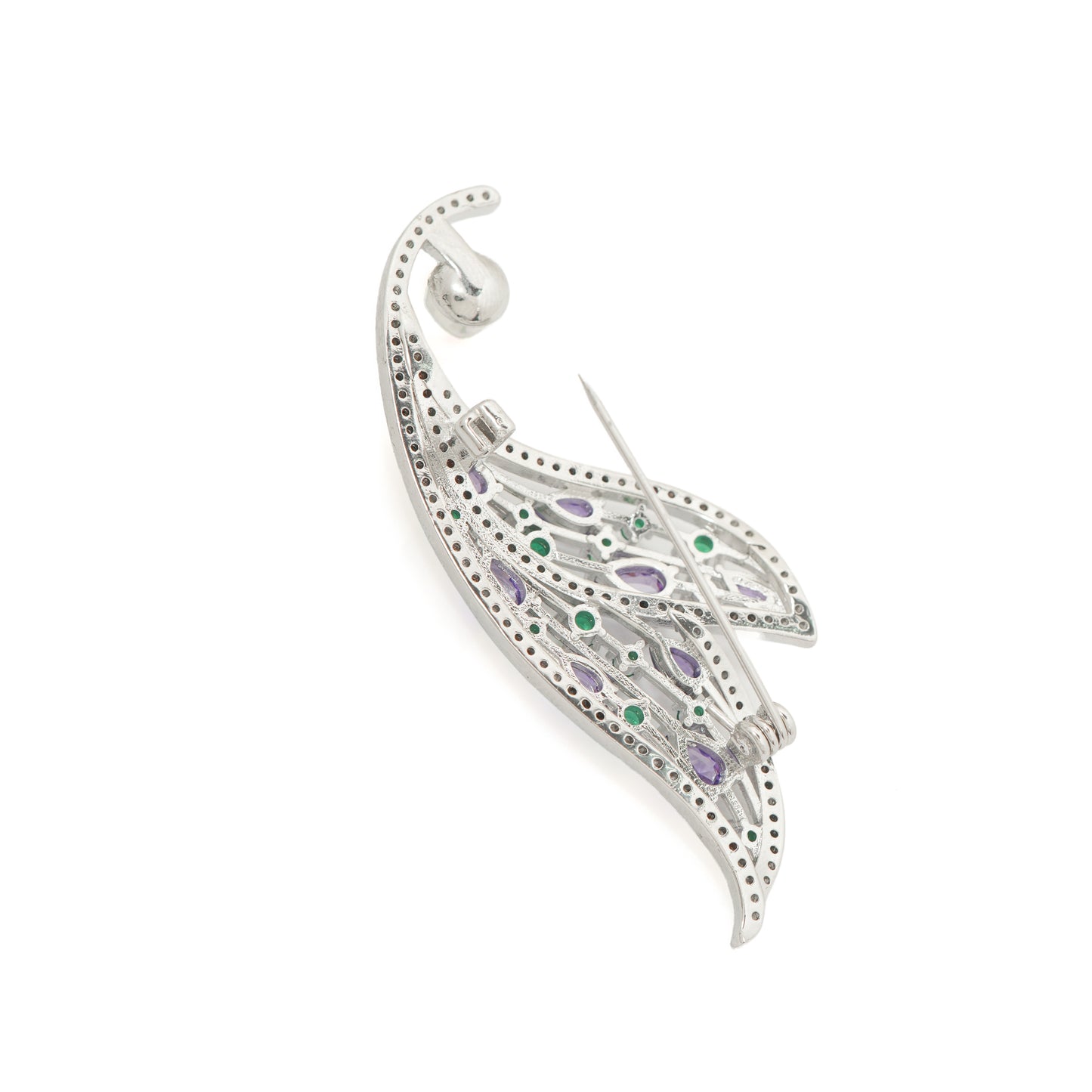 Amethyst and Emerald Feather Brooch | Silver Tone Wing Inspired Brooch with Purple Teardrop and Green Round CZ Stones, Full Pave Finish and Pearl Accent | Elegant Festive and Bridal Statement Pin