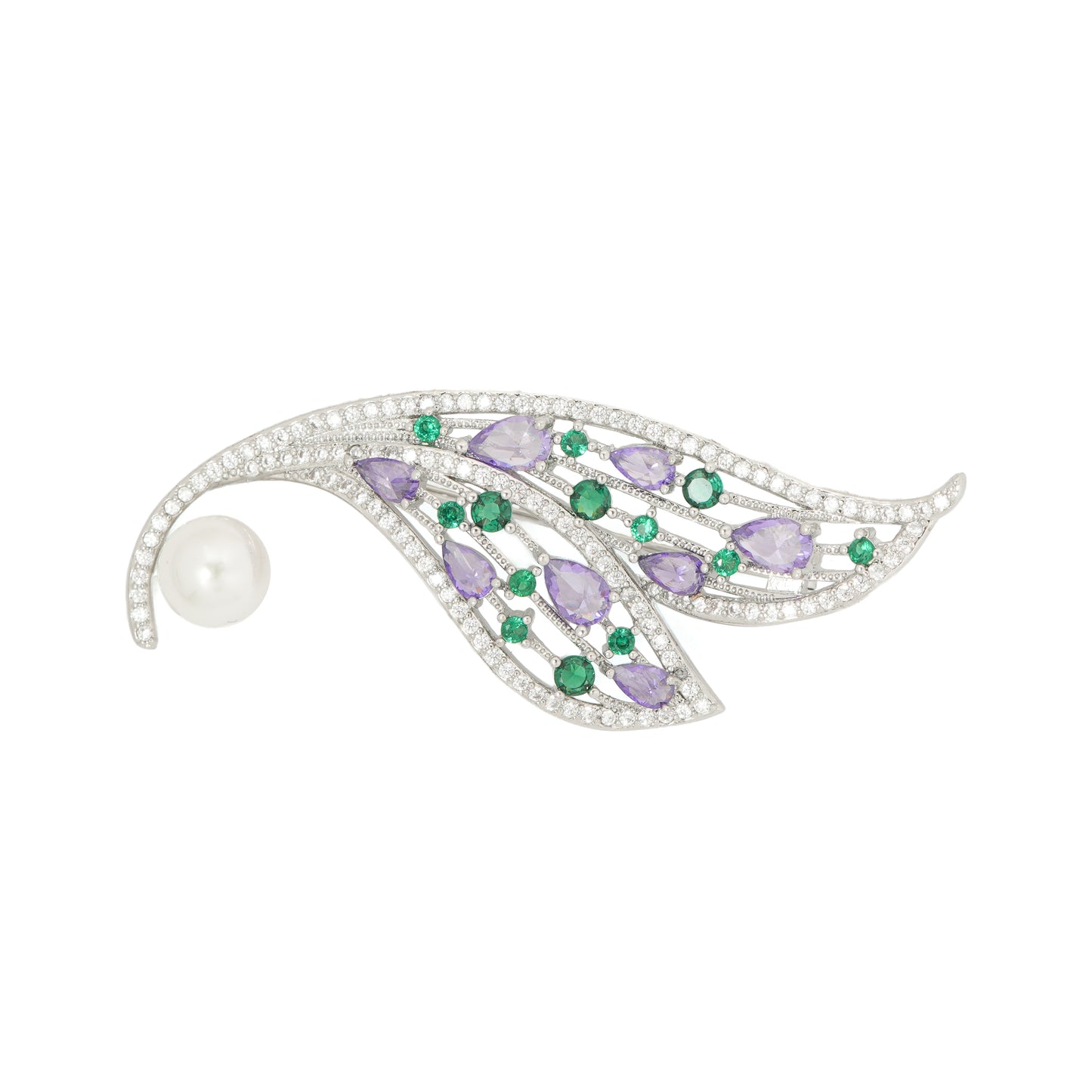Amethyst and Emerald Feather Brooch | Silver Tone Wing Inspired Brooch with Purple Teardrop and Green Round CZ Stones, Full Pave Finish and Pearl Accent | Elegant Festive and Bridal Statement Pin