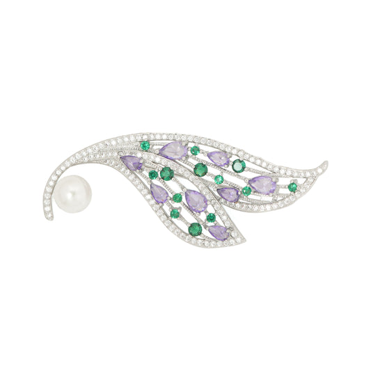 Amethyst and Emerald Feather Brooch | Silver Tone Wing Inspired Brooch with Purple Teardrop and Green Round CZ Stones, Full Pave Finish and Pearl Accent | Elegant Festive and Bridal Statement Pin