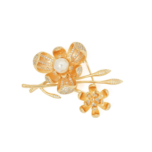 Twin Pave Flower Spray Brooch | Gold-Tone Floral Pin with Dual Sculpted Flowers, Clear CZ Detailing & Central Pearl Accent | Elegant Saree & Shawl Brooch