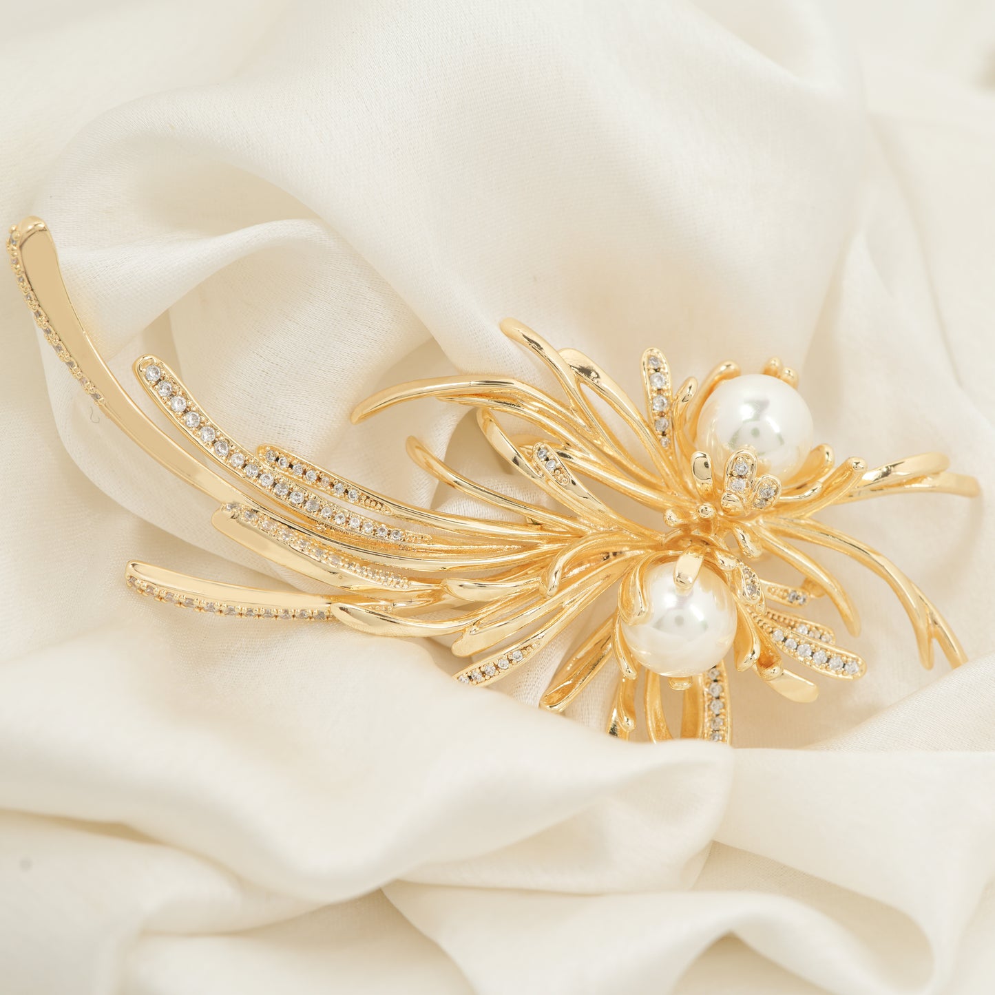 Celestial Burst Pearl Brooch | Gold-Tone Starburst Floral Pin with Pave CZ Stems & Twin Imitation Pearls | Elegant Festive Statement Brooch