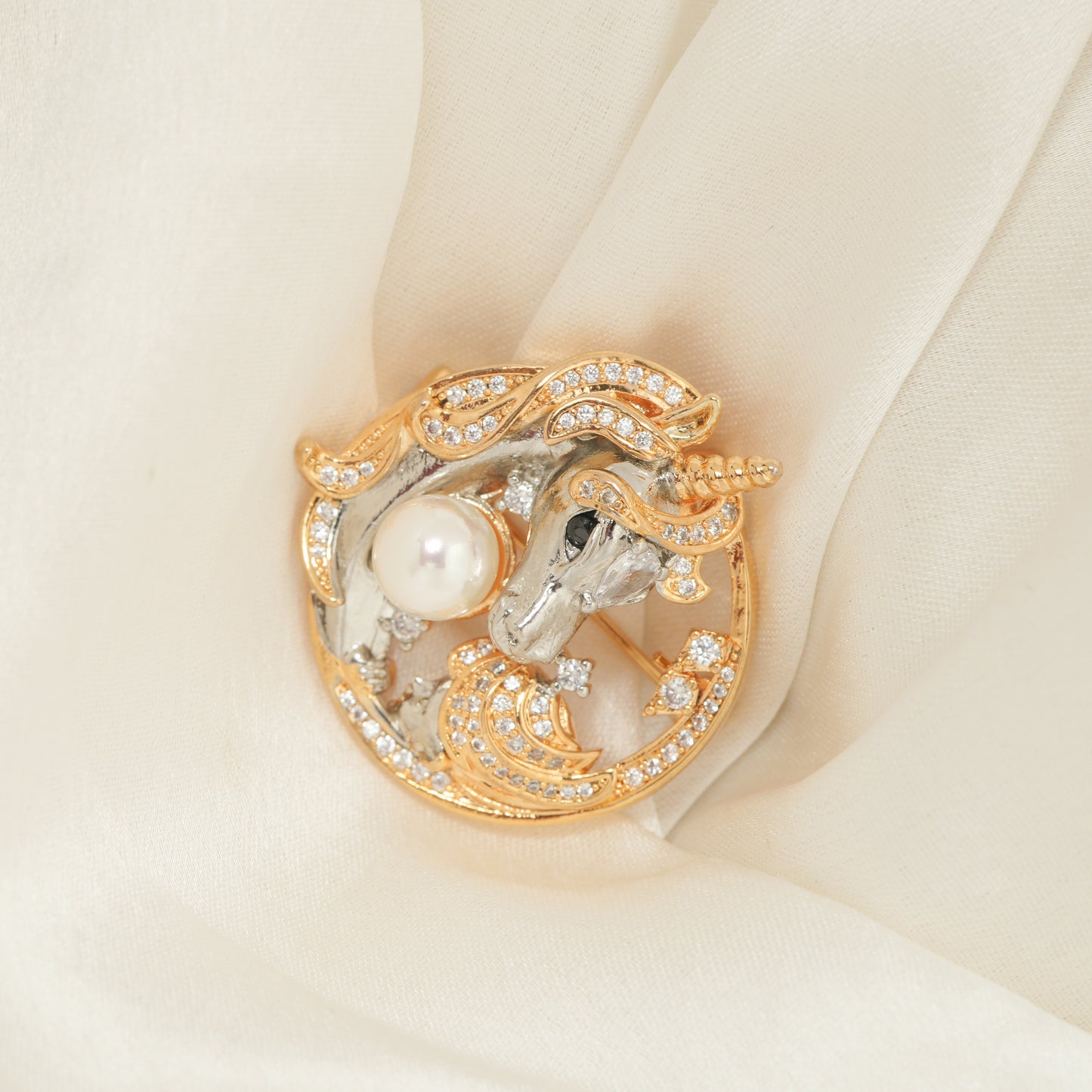 Mystic Unicorn Pearl Brooch | Two-Tone Fantasy Brooch with Gold & Silver Accents, CZ Pave Detailing & Central Imitation Pearl | Elegant Statement Pin