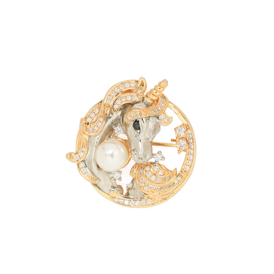 Mystic Unicorn Pearl Brooch | Two-Tone Fantasy Brooch with Gold & Silver Accents, CZ Pave Detailing & Central Imitation Pearl | Elegant Statement Pin