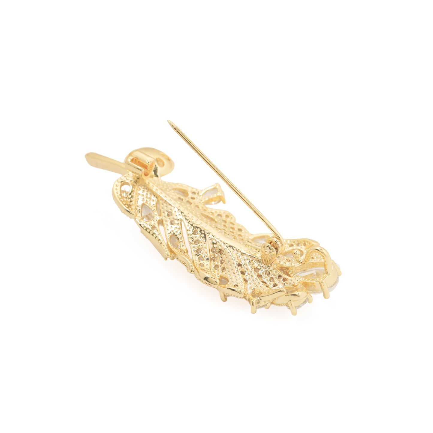 Feathered Pave & Pearl Brooch | Gold-Tone CZ Feather Pin with Marquise & Oval Stones and Large Pearl Accent | Elegant Saree, Shawl & Jacket Brooch