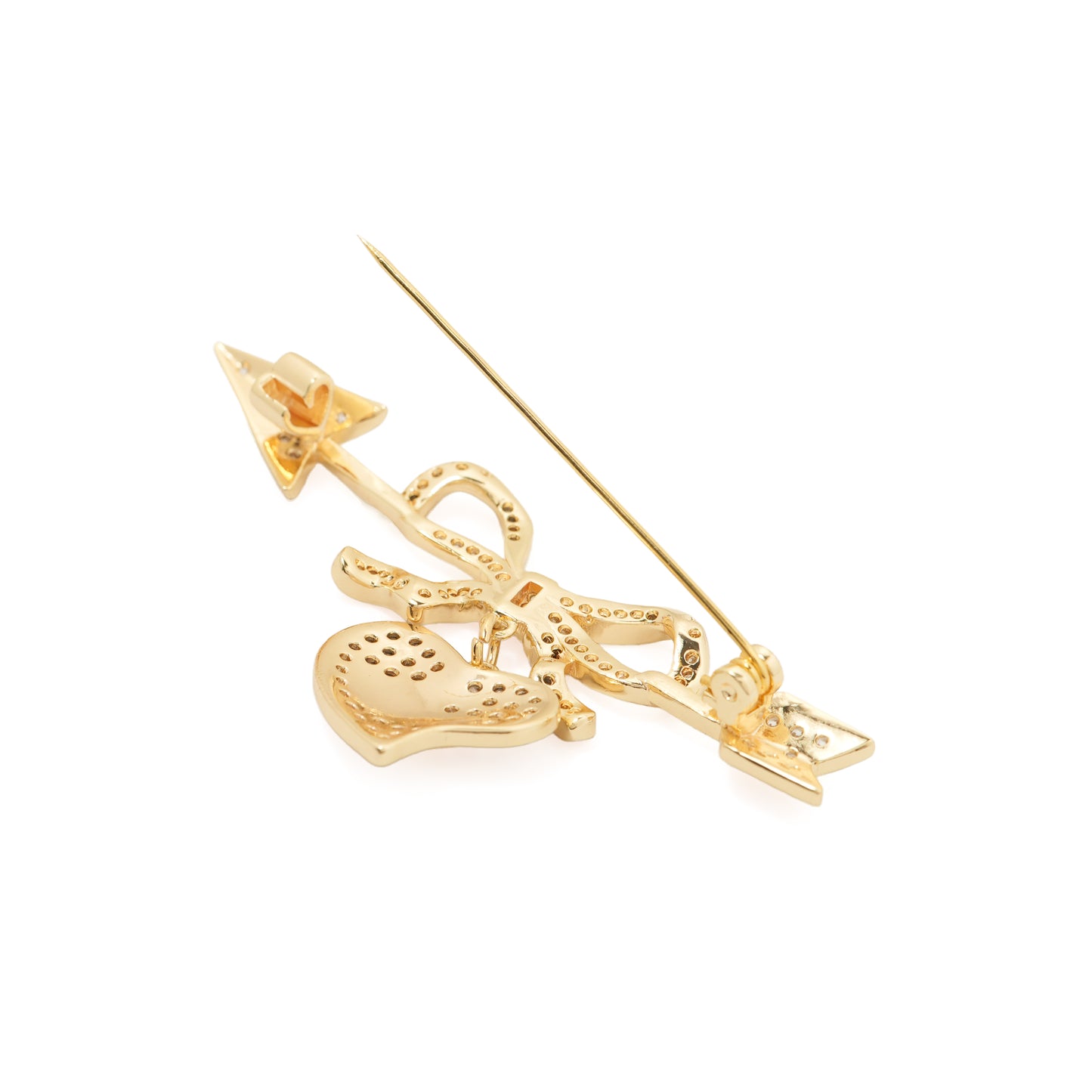 Cupid’s Bow & Heart Brooch | Gold-Tone Pave Arrow Pin with Dangling Heart Charm, Bow Accent & Clear CZ Stones | Romantic Statement Brooch