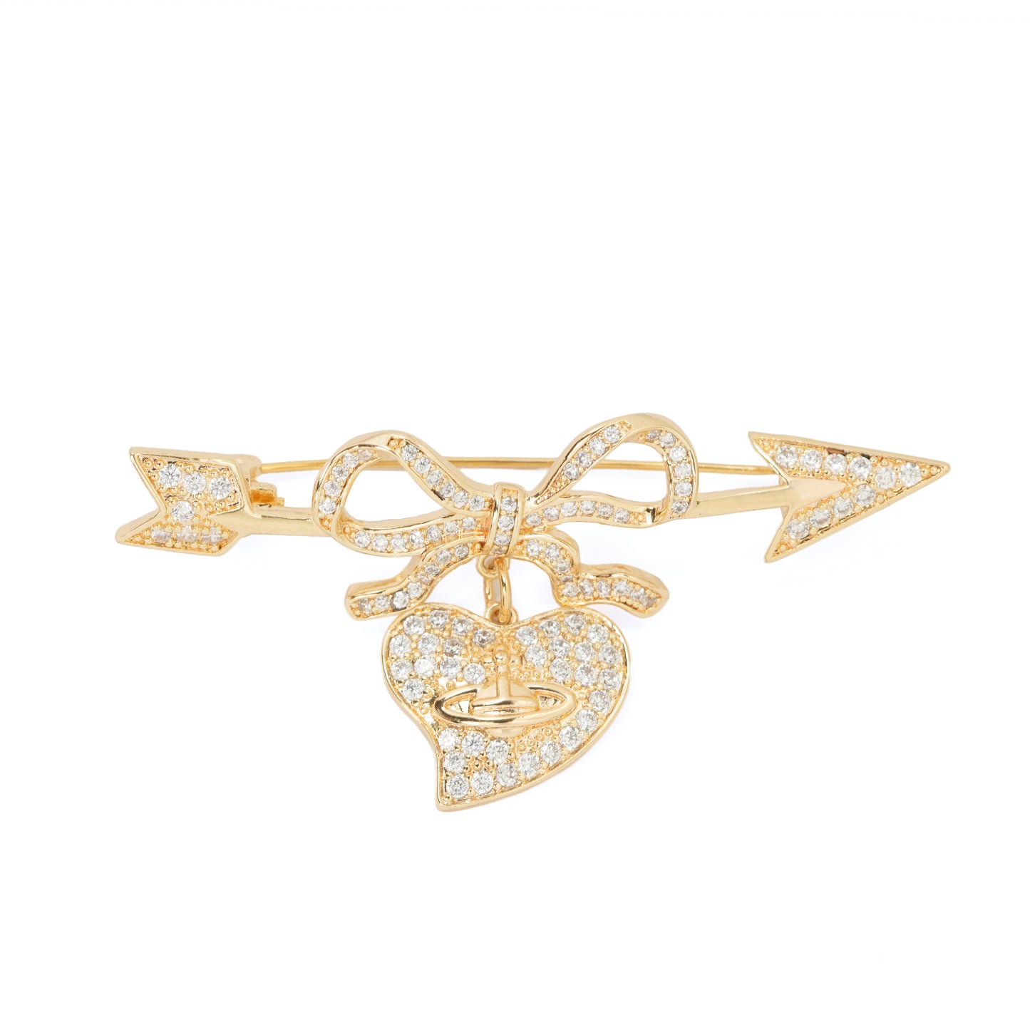 Cupid’s Bow & Heart Brooch | Gold-Tone Pave Arrow Pin with Dangling Heart Charm, Bow Accent & Clear CZ Stones | Romantic Statement Brooch