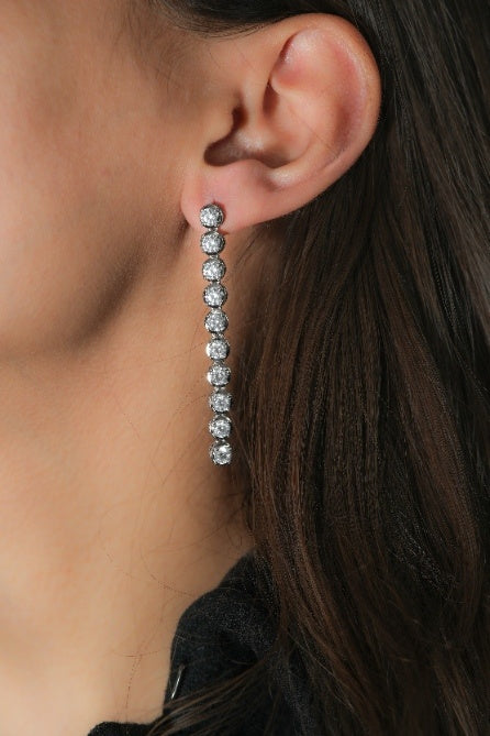 Glacier Drop Tennis Earrings | Silver-Tone Vertical Moissanite Style Drop with Round-Cut High-Brilliance Stones | Elegant Statement Earrings for Evening and Bridal Looks