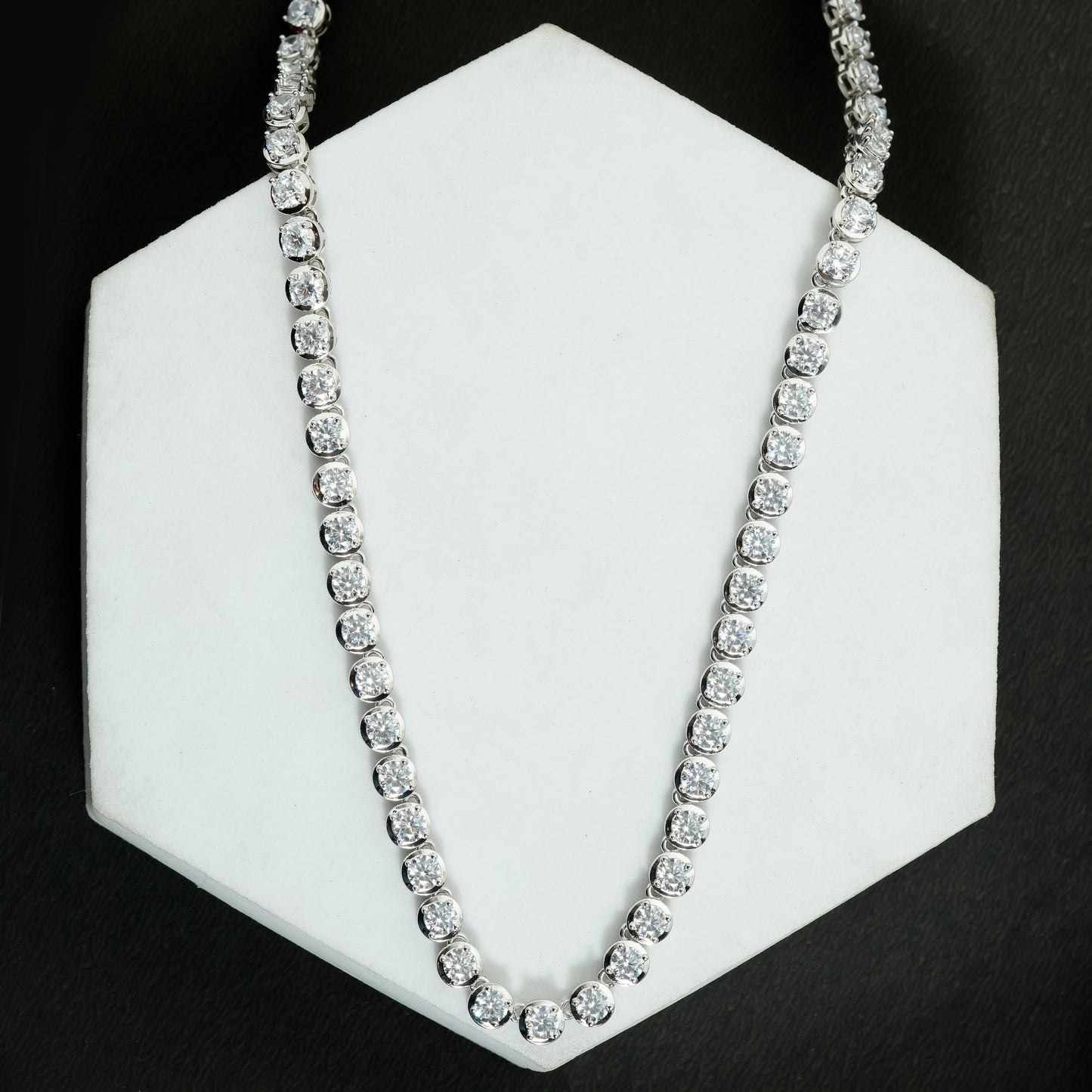 Glacier Stream Tennis Necklace | Silver-Tone Round CZ Tennis Chain with Brilliant Ice-Like Shine | Statement Necklace for Bridal, Festive and Evening Glamour