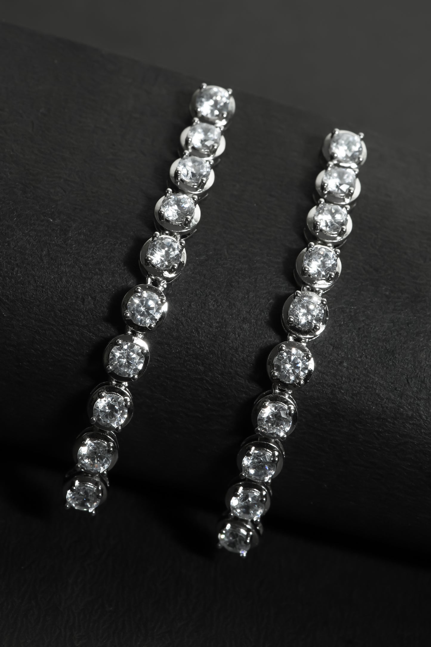 Glacier Drop Tennis Earrings | Silver-Tone Vertical Moissanite Style Drop with Round-Cut High-Brilliance Stones | Elegant Statement Earrings for Evening and Bridal Looks