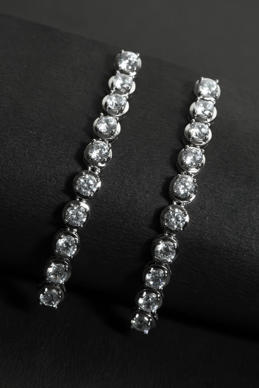 Glacier Drop Tennis Earrings | Silver-Tone Vertical Moissanite Style Drop with Round-Cut High-Brilliance Stones | Elegant Statement Earrings for Evening and Bridal Looks