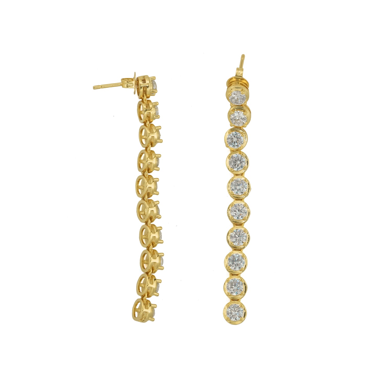 Golden Cascade Drop Earrings | Gold-Tone Vertical Moissanite Style Drop with Round-Cut Sparkling Stones | Elegant Evening and Cocktail Jewellery for Women