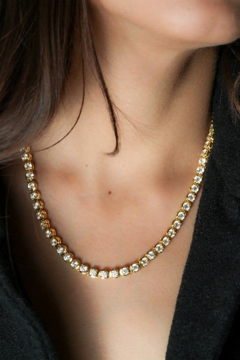 Golden Hour Tennis Necklace | Gold-Tone Round CZ Tennis Chain with Brilliant Shine | Elegant Statement Necklace for Evening, Festive and Bridal Styling