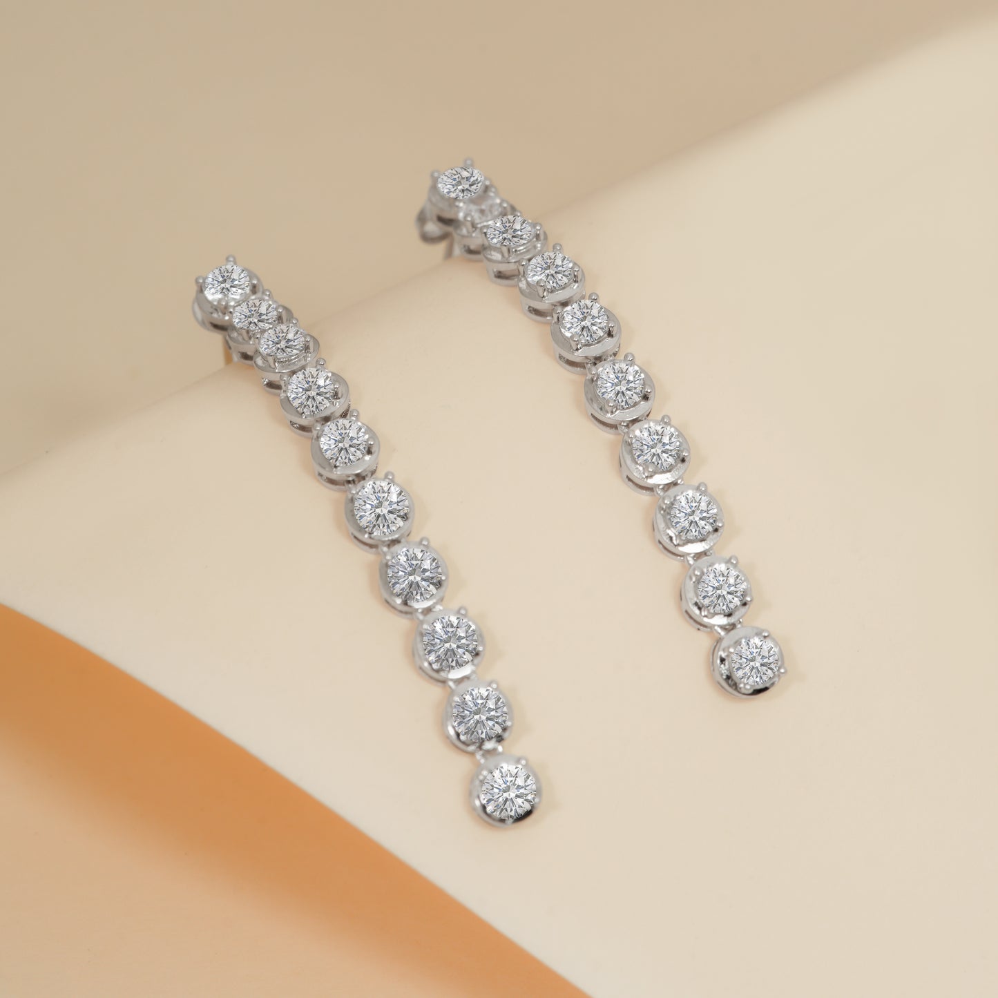 Glacier Drop Tennis Earrings | Silver-Tone Vertical Moissanite Style Drop with Round-Cut High-Brilliance Stones | Elegant Statement Earrings for Evening and Bridal Looks