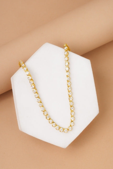 Golden Hour Tennis Necklace | Gold-Tone Round CZ Tennis Chain with Brilliant Shine | Elegant Statement Necklace for Evening, Festive and Bridal Styling