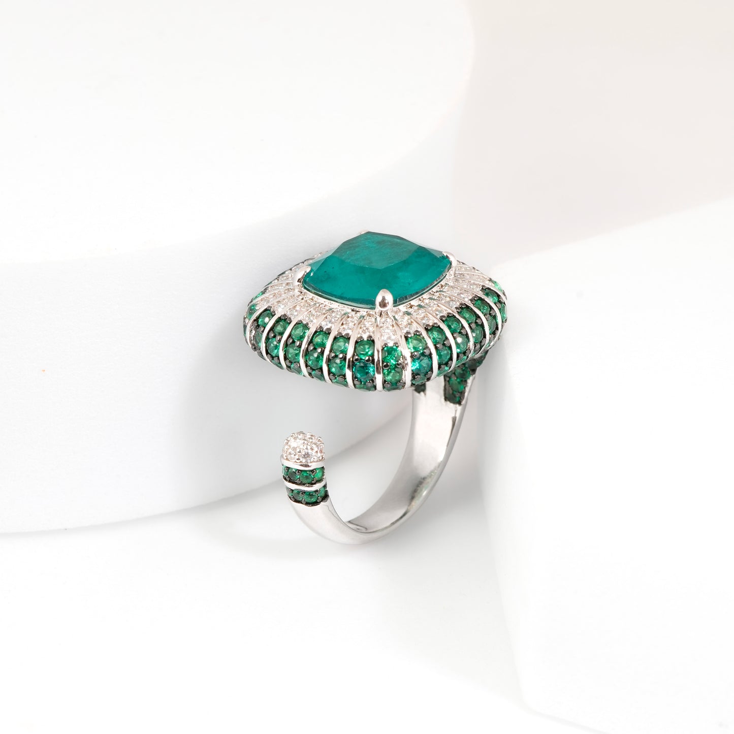 Emerald and diamond cocktail white gold plated ring