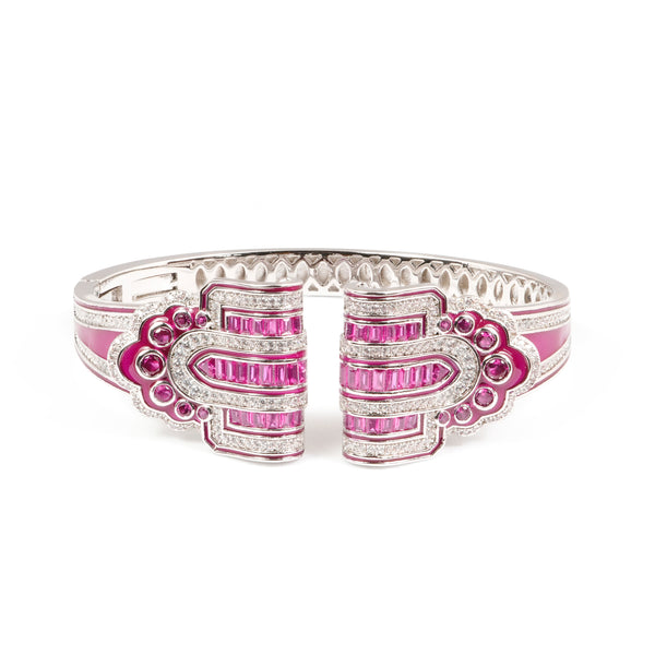 Silver Finish Open Cuff Bracelet with Pink Baguette Stones and Diamond Look Accents | Elegant Cocktail and Festive Jewelry