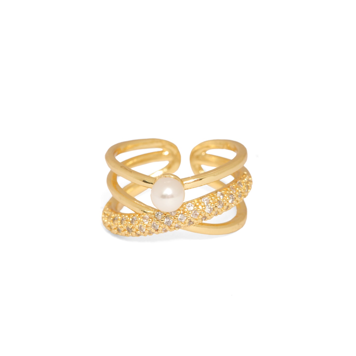 Crossed Pearl & Pave Statement Ring | Gold-Tone Adjustable Criss-Cross Multi-Band Ring with Central Pearl & Full Pave CZ Accent | Elegant Cocktail & Party Ring