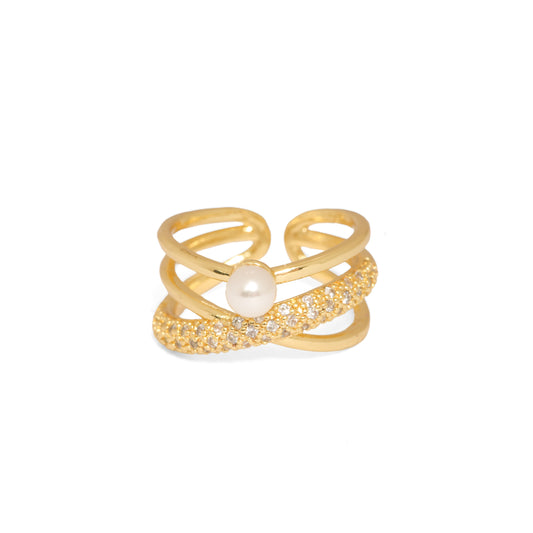 Crossed Pearl and Pave Statement Ring