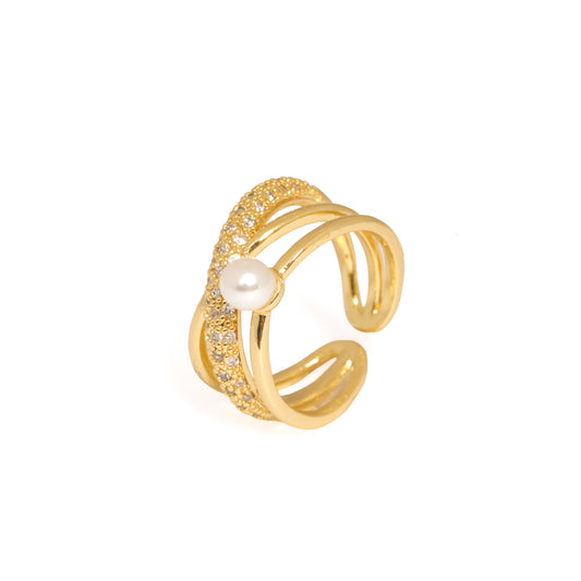 Crossed Pearl and Pave Statement Ring