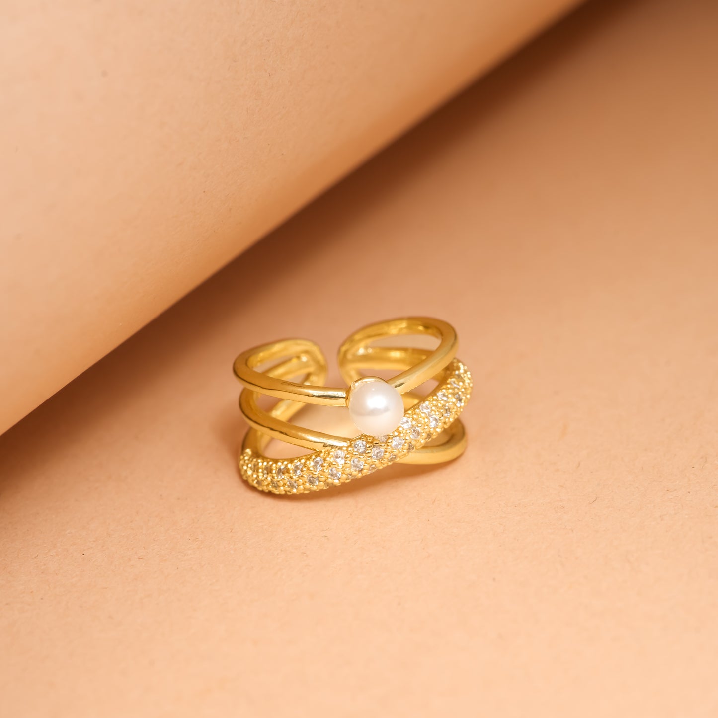 Crossed Pearl & Pave Statement Ring | Gold-Tone Adjustable Criss-Cross Multi-Band Ring with Central Pearl & Full Pave CZ Accent | Elegant Cocktail & Party Ring