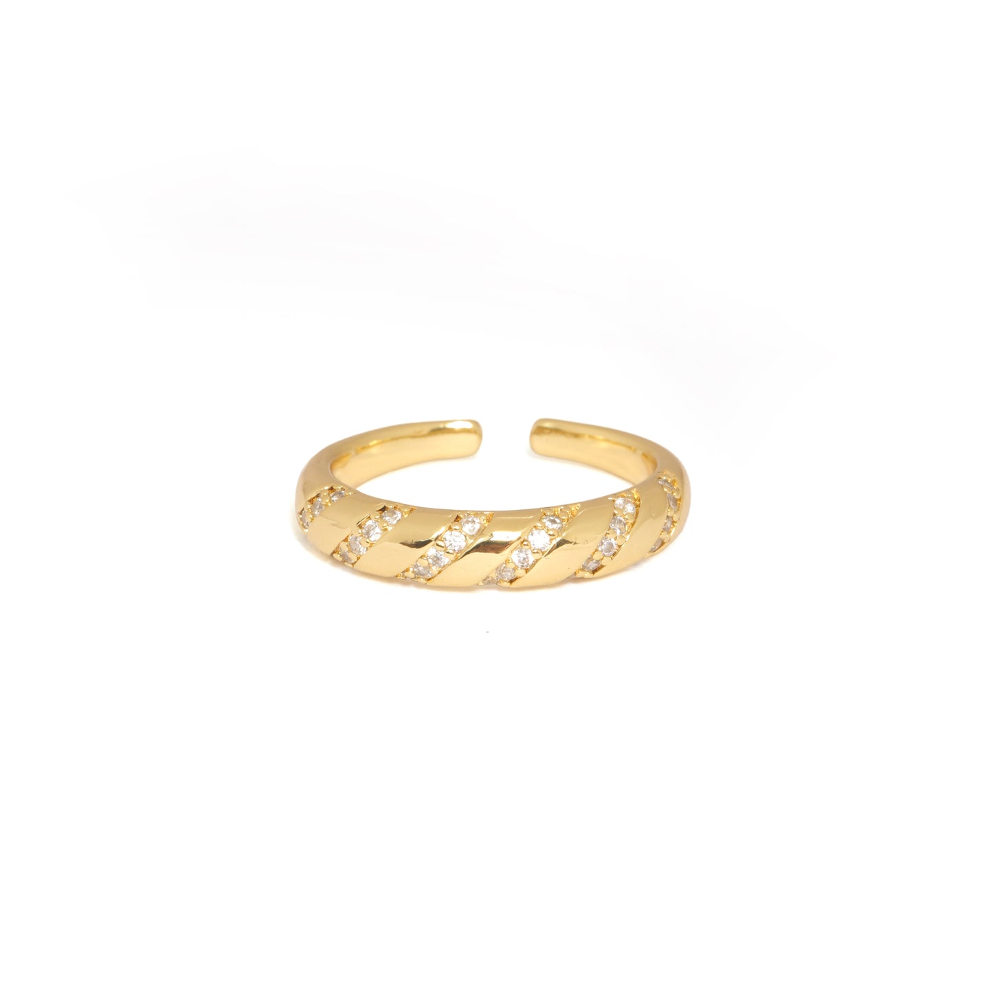 Gold Twisted Pave Band | Adjustable Gold-Tone Ring with Diagonal Twist Design & Clear Pave CZ Rows | Minimal Elegant Everyday Ring