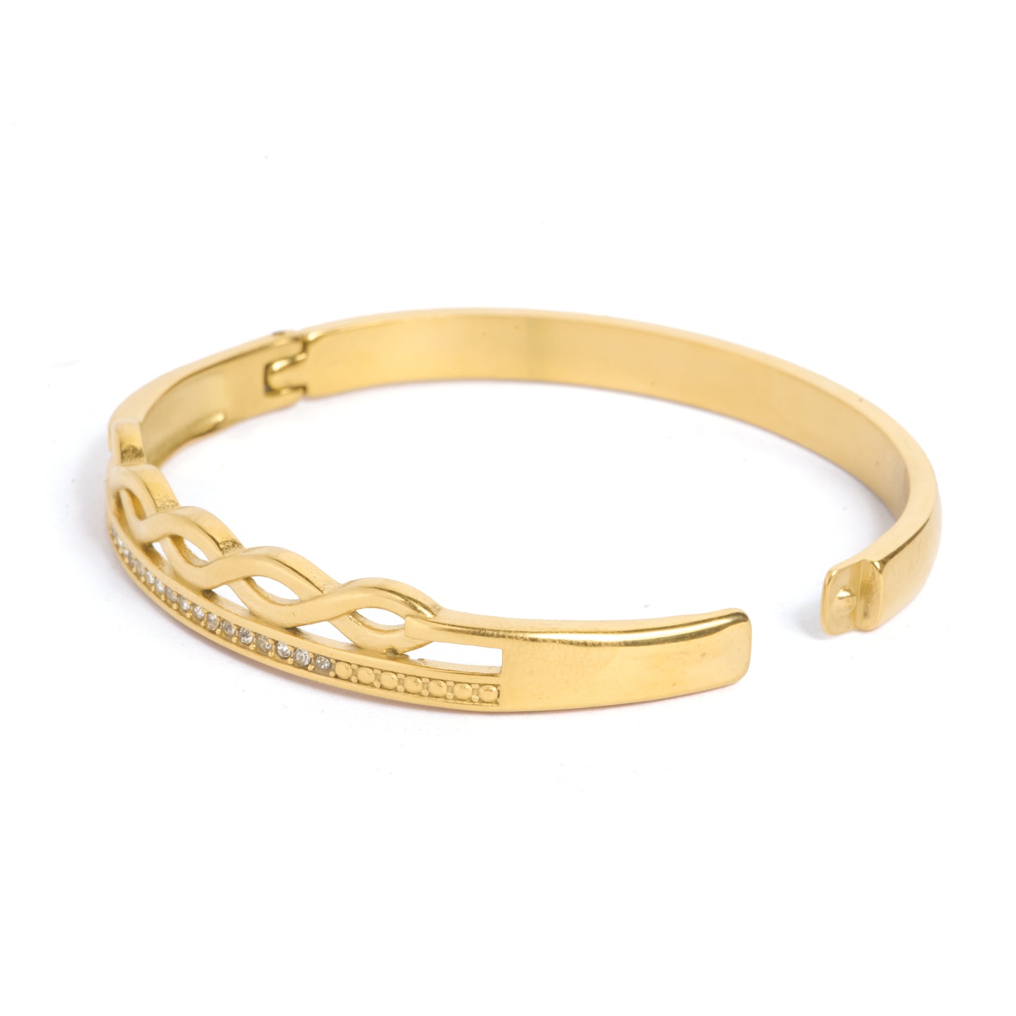 Golden Serpentine Stone Bracelet | Gold-Tone Half-Braided Bangle with Intertwined Rope Design & Micro-Pavé CZ Row | Elegant Everyday & Festive Bracelet