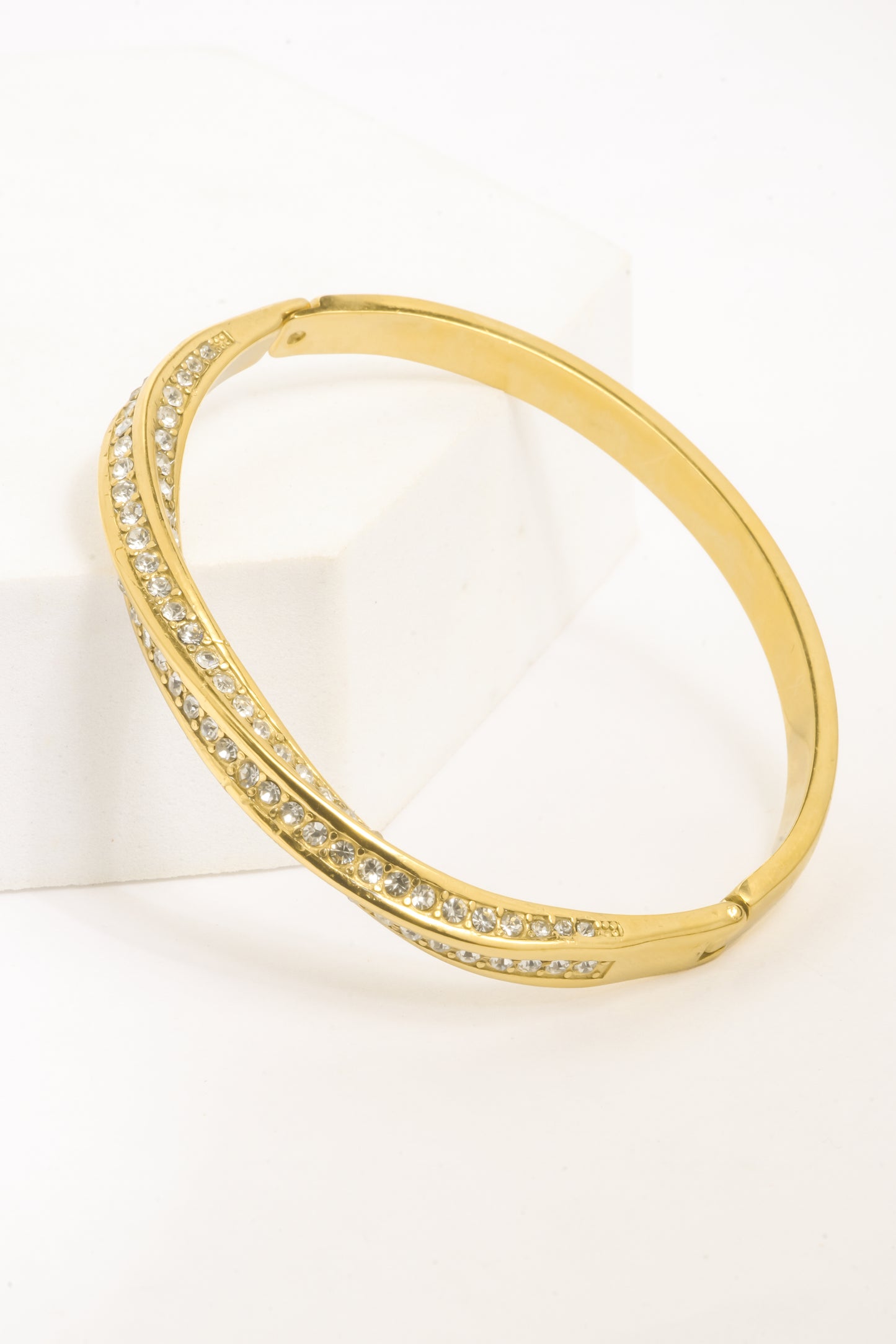 Twisted Comet Pave Bracelet | Gold-Tone Helical Bangle with Multi-Row Micro-Pavé CZ Stones | High-Sparkle Statement Bracelet for Women