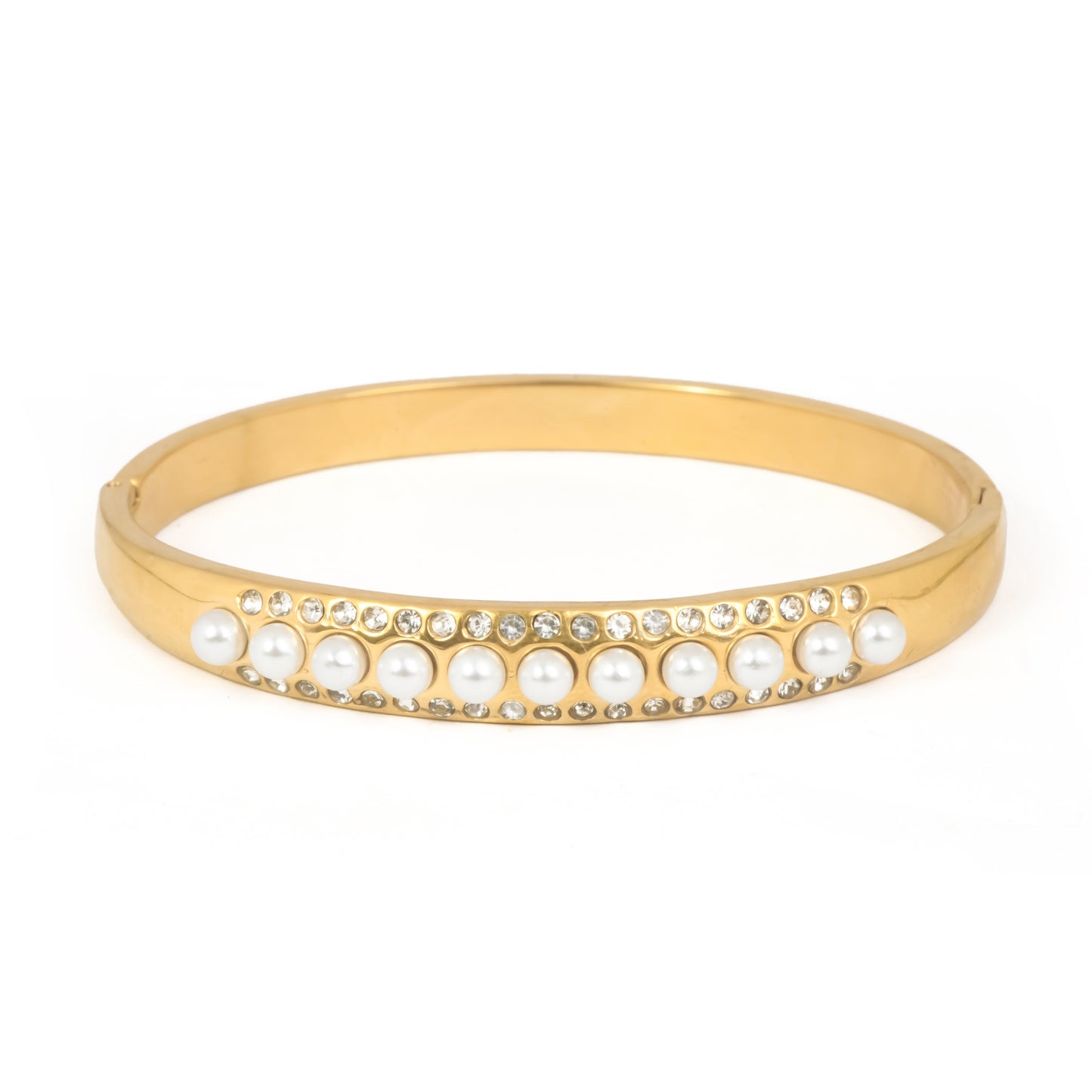 Regal Pearl & Crystal Bracelet | Gold-Tone Bangle with Central Faux Pearl Row & Flanking Sparkling CZ Lines | Elegant Vintage-Inspired Statement Bracelet