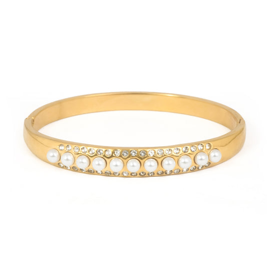 Regal Pearl & Crystal Bracelet | Gold-Tone Bangle with Central Faux Pearl Row & Flanking Sparkling CZ Lines | Elegant Vintage-Inspired Statement Bracelet