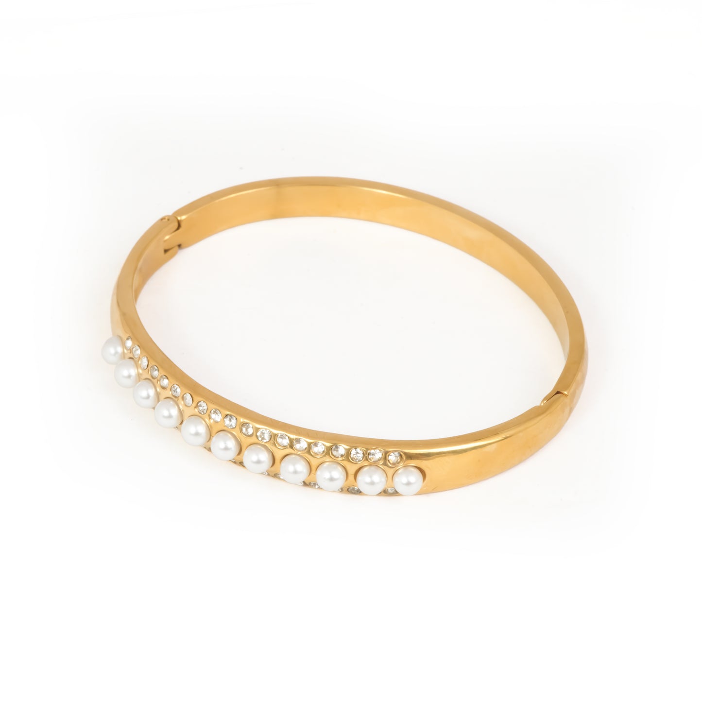 Regal Pearl & Crystal Bracelet | Gold-Tone Bangle with Central Faux Pearl Row & Flanking Sparkling CZ Lines | Elegant Vintage-Inspired Statement Bracelet