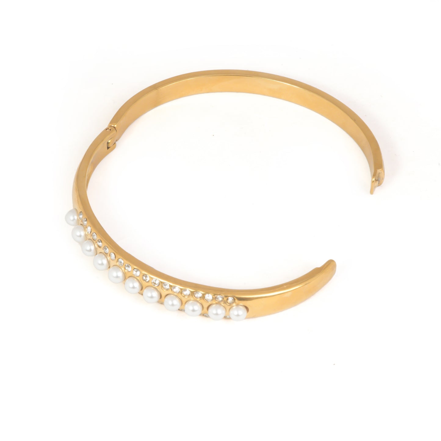 Regal Pearl & Crystal Bracelet | Gold-Tone Bangle with Central Faux Pearl Row & Flanking Sparkling CZ Lines | Elegant Vintage-Inspired Statement Bracelet